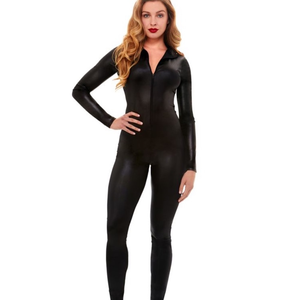 Black catsuit bodysuit faux leather Halloween